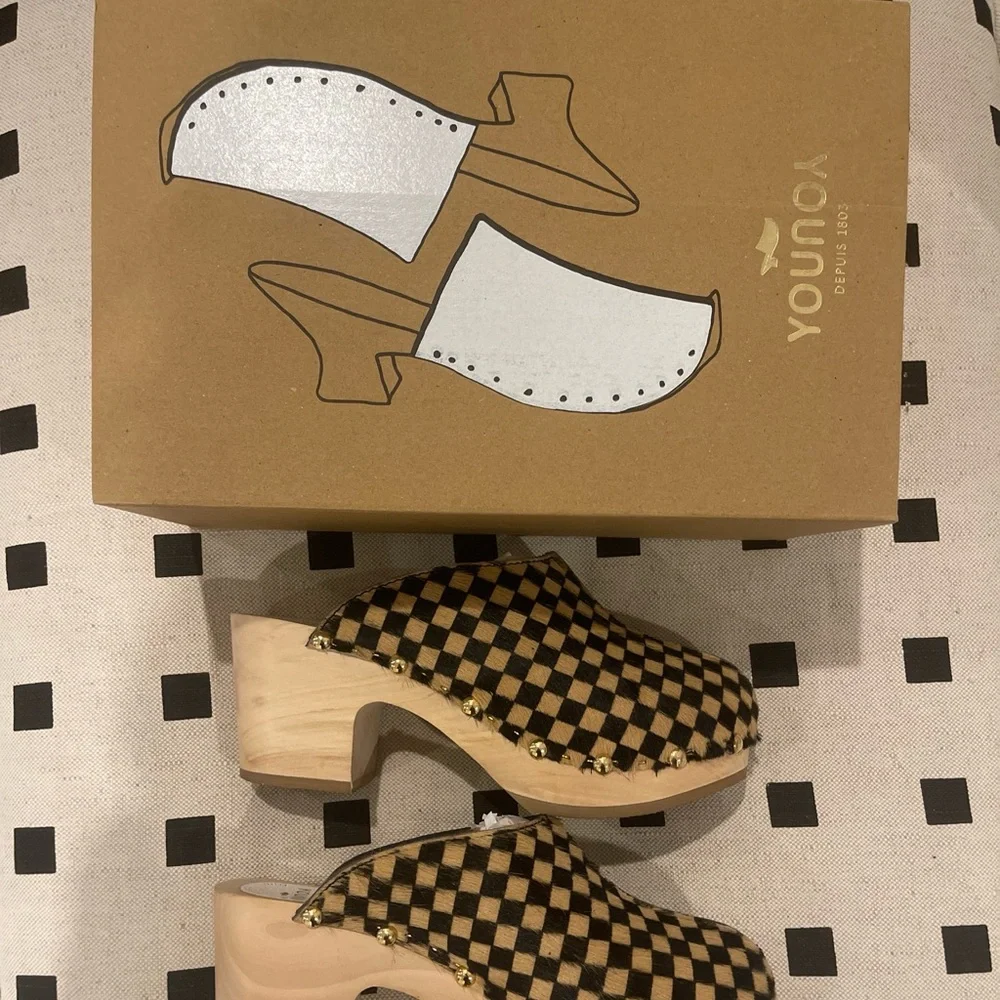 Sabot YouYou Checkered Calf Hair Handmade Clog Heels - Picture 6 of 8